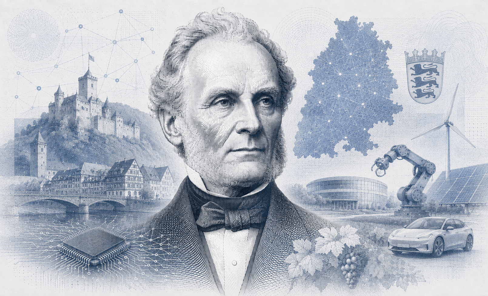 Historische Gravur-Illustration im ClausiusAI-Stil: Rudolf Clausius im Porträt vor einer Burg und Fachwerkstadt, umgeben von Weinreben, Landeswappen, einem Elektrofahrzeug und Fertigungsrobotik — Symbolbild für Baden-Württemberg.