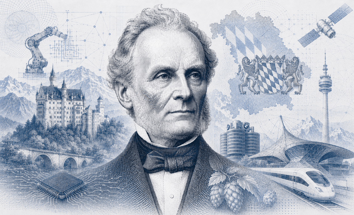 Historische Gravur-Illustration im ClausiusAI-Stil: Rudolf Clausius im Porträt vor Schloss Neuschwanstein und bayerischer Bergkulisse, umgeben von Landeswappen, Hopfenranken, Fertigungsrobotik und Hochgeschwindigkeitszug — Symbolbild für Bayern.