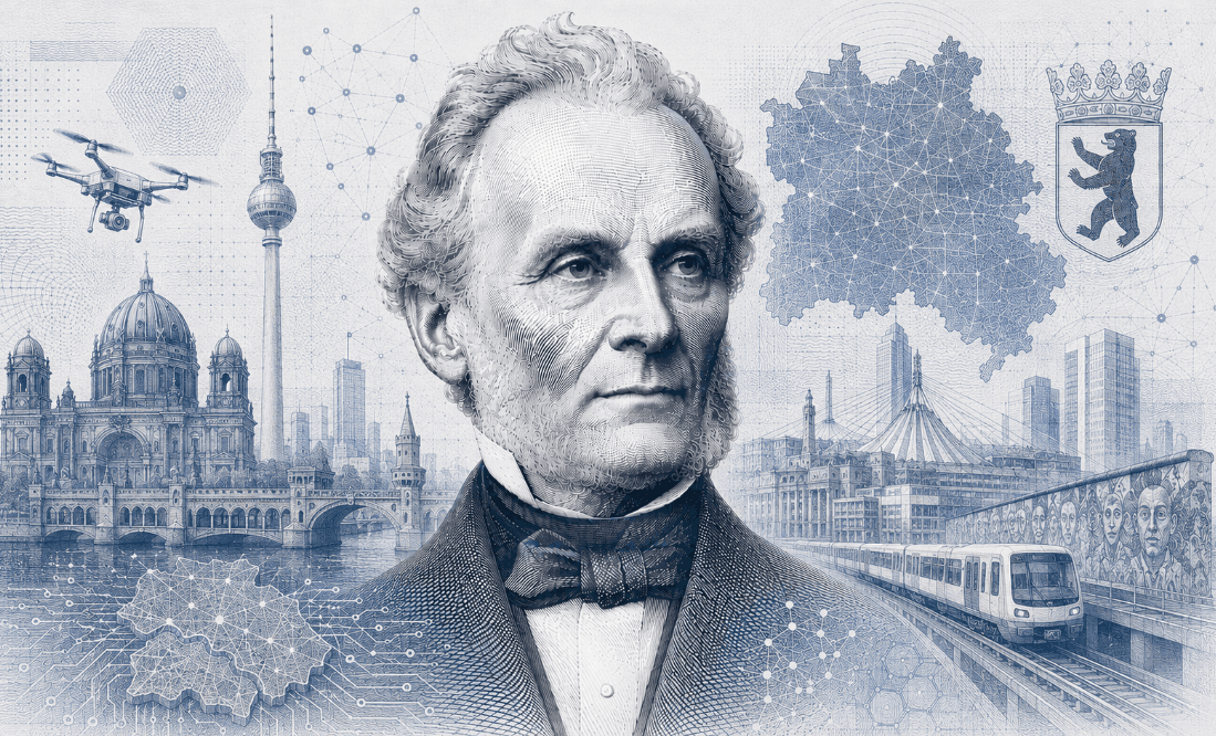 Historische Gravur-Illustration im ClausiusAI-Stil: Rudolf Clausius im Porträt vor Berliner Dom und Fernsehturm, umgeben von Stadtsilhouette, Landeswappen, Drohne und Stadtbahn — Symbolbild für Berlin.