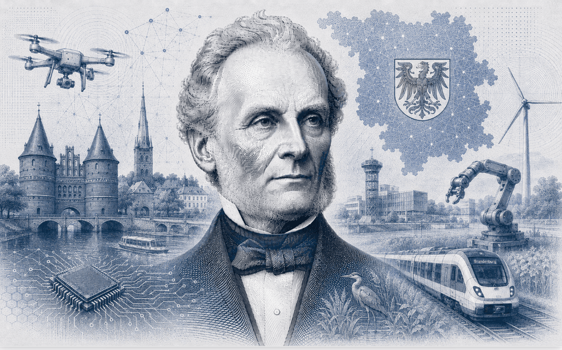 Historische Gravur-Illustration im ClausiusAI-Stil: Rudolf Clausius im Porträt vor historischer Stadtsilhouette und Wasserturm, umgeben von Landeswappen, Windkraftanlagen, Fertigungsrobotik und Regionalbahn — Symbolbild für Brandenburg.