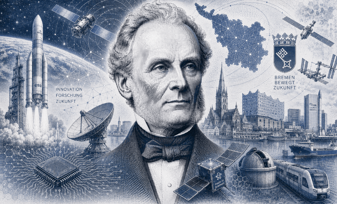 Historische Gravur-Illustration im ClausiusAI-Stil: Rudolf Clausius im Porträt vor startender Rakete und Bremer Stadtsilhouette, umgeben von Landeswappen, Hafenschiffen, Radaranlage und Satellit — Symbolbild für Bremen.