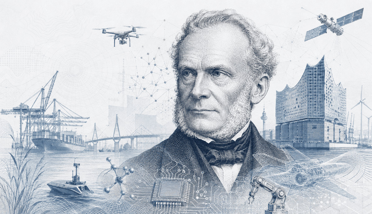 Historische Gravur-Illustration im ClausiusAI-Stil: Rudolf Clausius im Porträt vor Hamburger Hafen und Elbphilharmonie, umgeben von Containerschiffen, Hafenkränen, Windkraftanlagen und Drohne — Symbolbild für Hamburg.