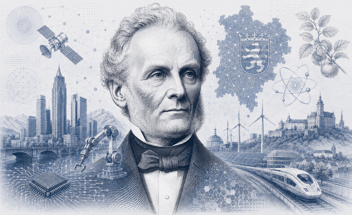 Historische Gravur-Illustration im ClausiusAI-Stil: Rudolf Clausius im Porträt vor Frankfurter Skyline, umgeben von Landeswappen, Windkraftanlagen, Fertigungsrobotik und Hochgeschwindigkeitszug — Symbolbild für Hessen.