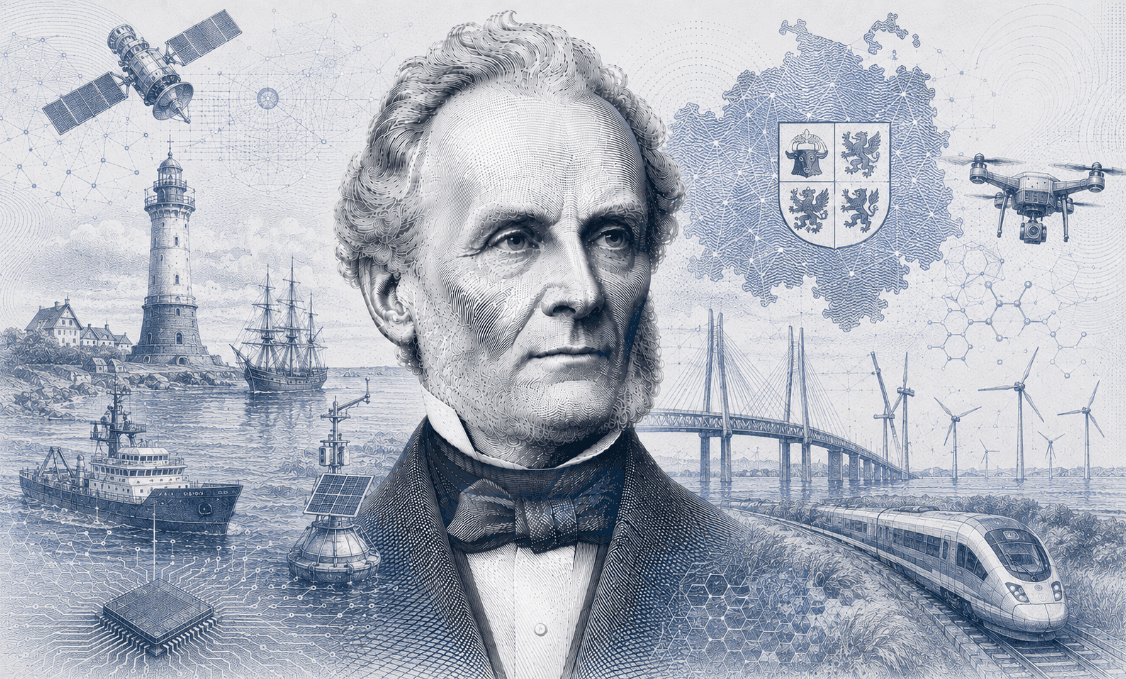 Historische Gravur-Illustration im ClausiusAI-Stil: Rudolf Clausius im Porträt vor Leuchtturm und Segelschiffen an der Ostseeküste, umgeben von Landeswappen, einer Küstenbrücke, Windkraftanlagen und Zug — Symbolbild für Mecklenburg-Vorpommern.