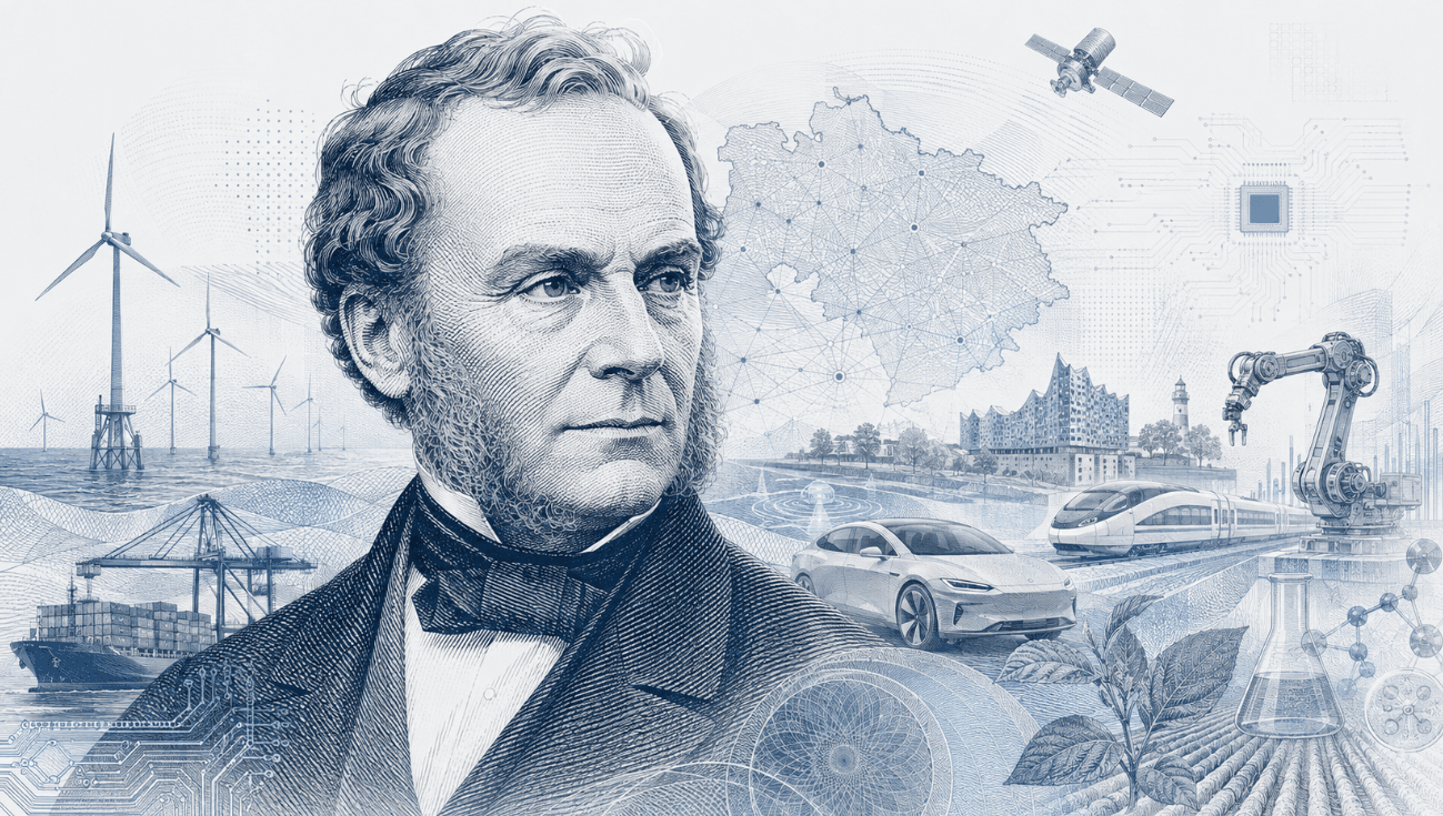 Historische Gravur-Illustration im ClausiusAI-Stil: Rudolf Clausius im Porträt vor Offshore-Windpark und Hafenkran, umgeben von einer Landkarte Niedersachsens, einem Elektrofahrzeug, Zug und Fertigungsrobotik — Symbolbild für Niedersachsen.