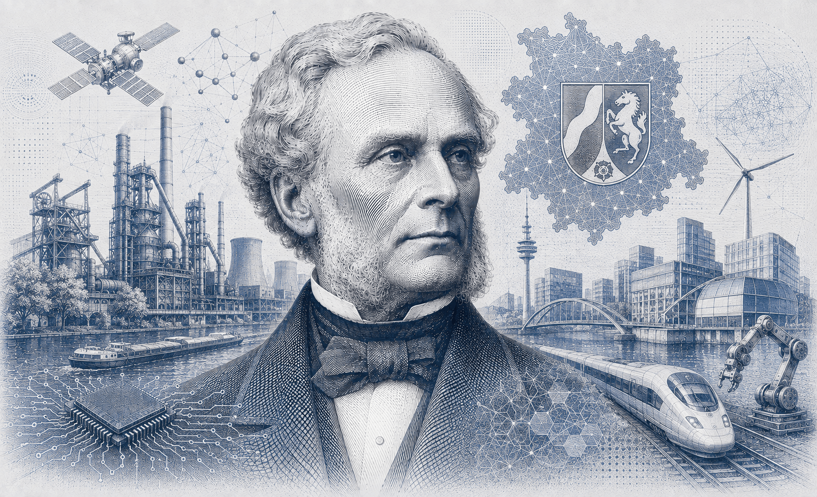 Historische Gravur-Illustration im ClausiusAI-Stil: Rudolf Clausius im Porträt vor Industrieanlage und Rheinturm im Ruhrgebiet, umgeben von Landeswappen, Windkraftanlage, Hochgeschwindigkeitszug und Fertigungsrobotik — Symbolbild für Nordrhein-Westfalen.