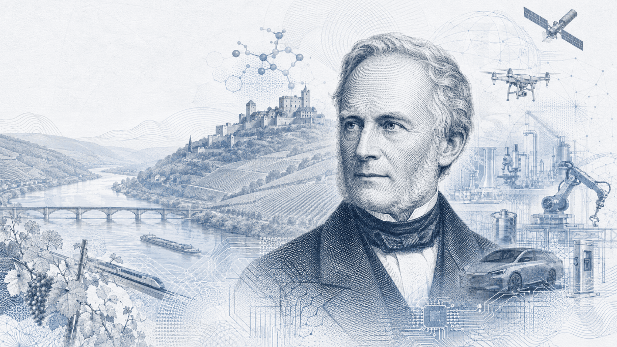 Historische Gravur-Illustration im ClausiusAI-Stil: Rudolf Clausius im Porträt vor Weinbergen und einer Burg am Flusstal, umgeben von Molekülstruktur, Drohne, Zug und Fertigungsrobotik — Symbolbild für Rheinland-Pfalz.