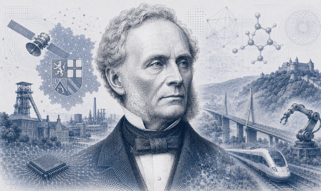 Historische Gravur-Illustration im ClausiusAI-Stil: Rudolf Clausius im Porträt vor Industrieanlage und Flussbrücke mit Burg, umgeben von Landeswappen, Molekülstruktur, Fertigungsrobotik und Hochgeschwindigkeitszug — Symbolbild für das Saarland.