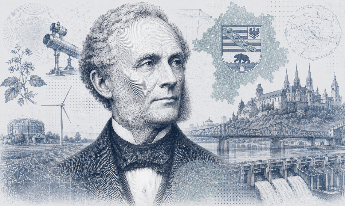 Historische Gravur-Illustration im ClausiusAI-Stil: Rudolf Clausius im Porträt vor Burg und Flusswehr, umgeben von Landeswappen, Windkraftanlage, Teleskop und Chemieanlage — Symbolbild für Sachsen-Anhalt.