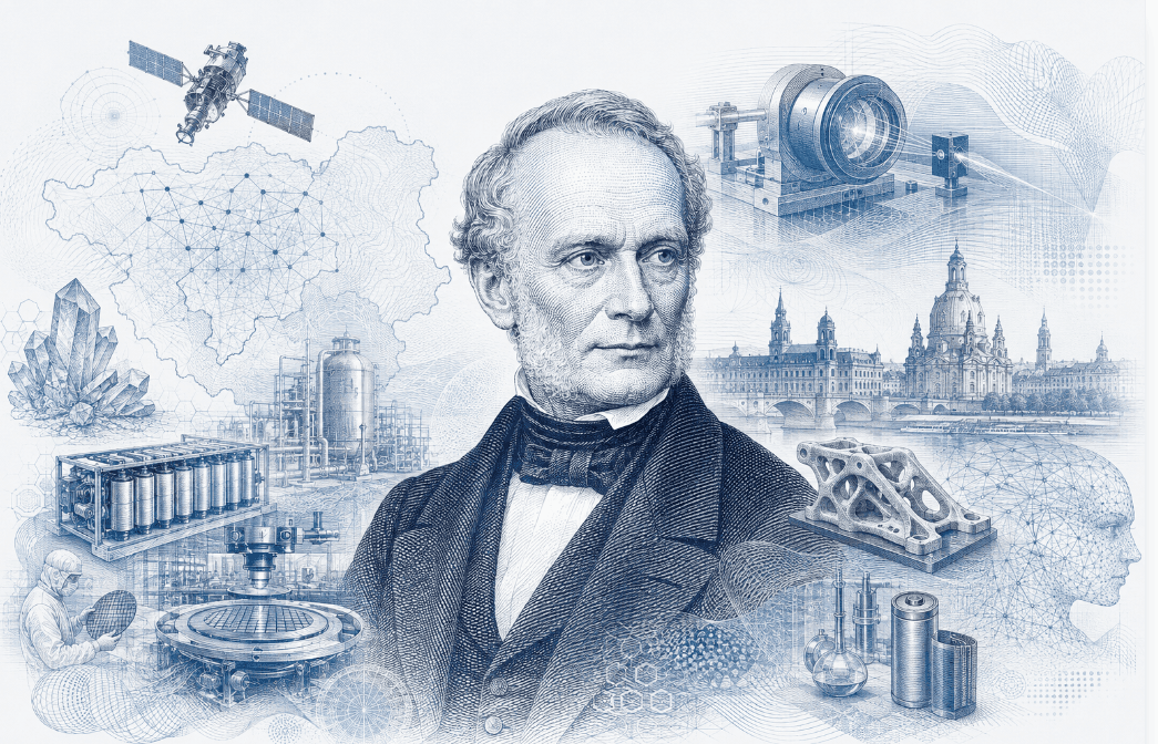 Historische Gravur-Illustration im ClausiusAI-Stil: Rudolf Clausius im Porträt vor Dresdner Stadtsilhouette, umgeben von Halbleiter-Kristallen, Präzisionsoptik, Batteriezellen und Satellit — Symbolbild für Sachsen.