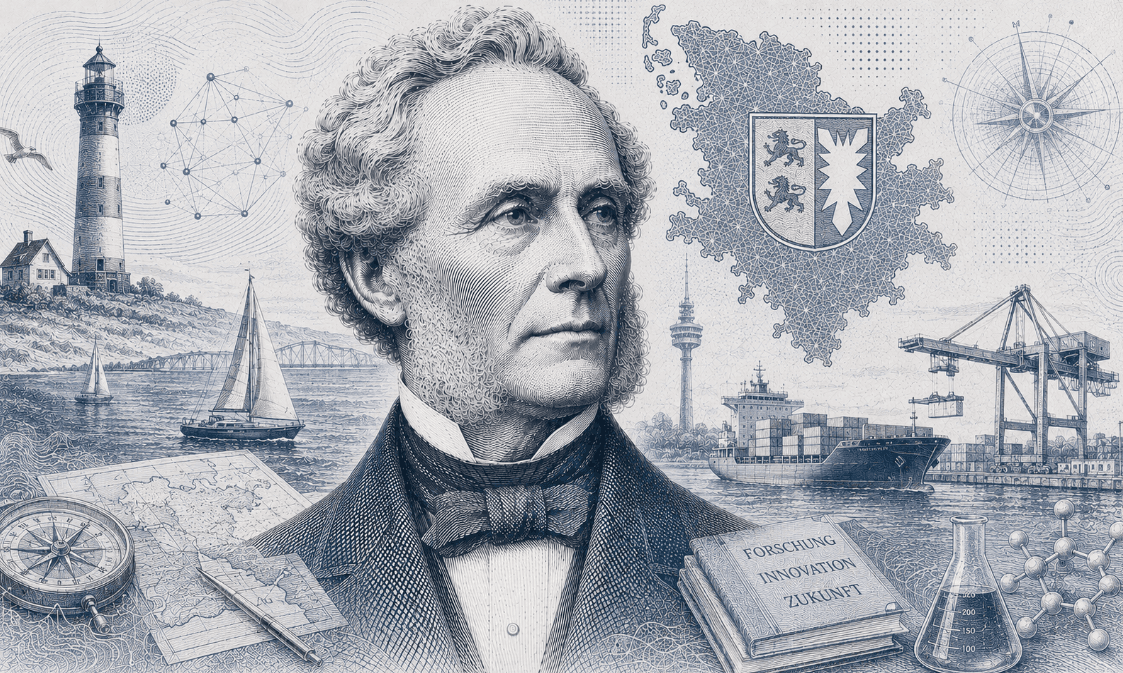 Historische Gravur-Illustration im ClausiusAI-Stil: Rudolf Clausius im Porträt vor Leuchtturm und Segelbooten, umgeben von Landeswappen, Hafenkran, Containerschiff und Kompass — Symbolbild für Schleswig-Holstein.
