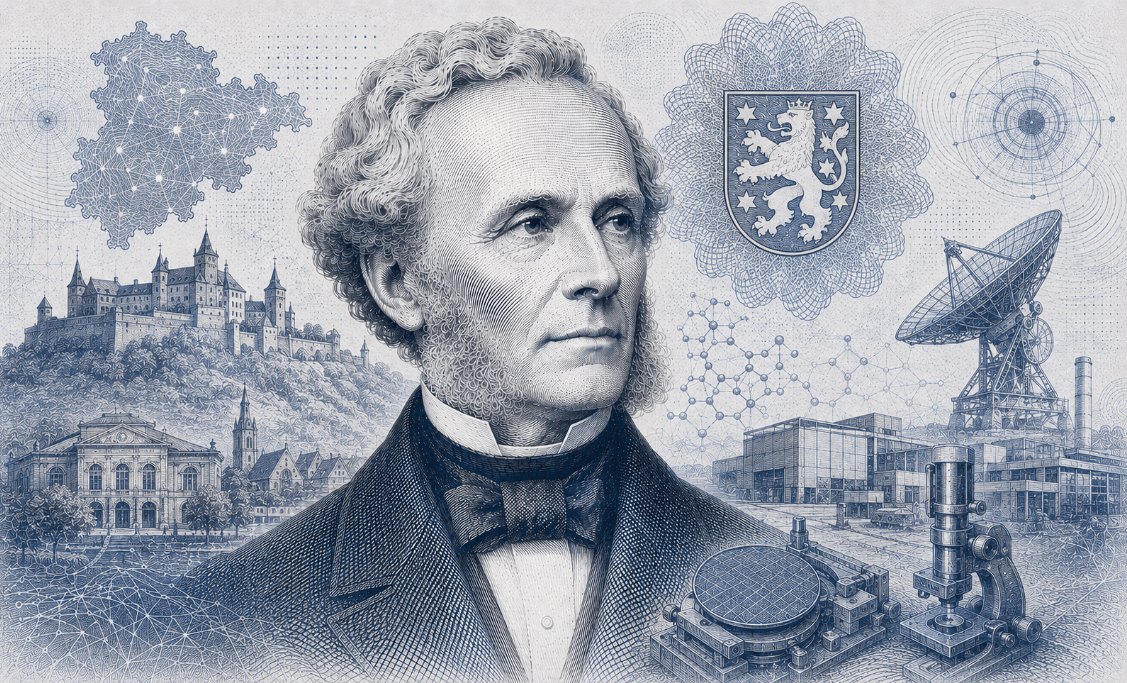 Historische Gravur-Illustration im ClausiusAI-Stil: Rudolf Clausius im Porträt vor Burg und historischer Altstadt, umgeben von Landeswappen, Molekülstruktur, Radaranlage und Mikroskop — Symbolbild für Thüringen.