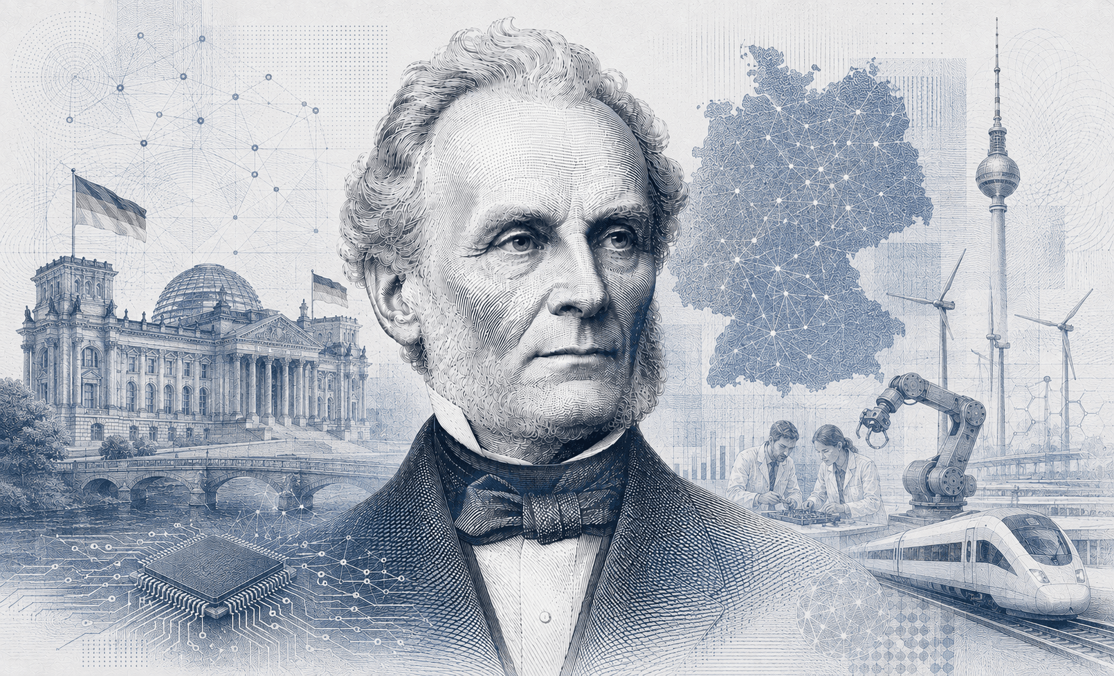 Historische Gravur-Illustration im ClausiusAI-Stil: seitlich Rudolf Clausius im Porträt, umgeben von Reichstagsgebäude, Berliner Fernsehturm, einer stilisierten Deutschlandkarte, Fertigungsrobotern und Hochgeschwindigkeitszug — Symbolbild für bundesweite Förderprogramme.