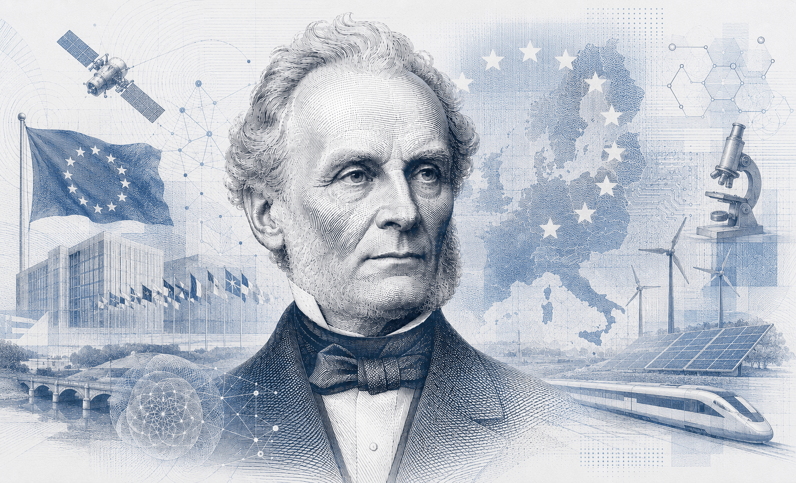 Historische Gravur-Illustration im ClausiusAI-Stil: mittig Rudolf Clausius im Porträt, umgeben von der EU-Flagge, dem Europaparlament, einer Europakarte mit EU-Sternen sowie Satellit, Hochgeschwindigkeitszug und Windkraftanlagen — Symbolbild für EU-Förderprogramme.