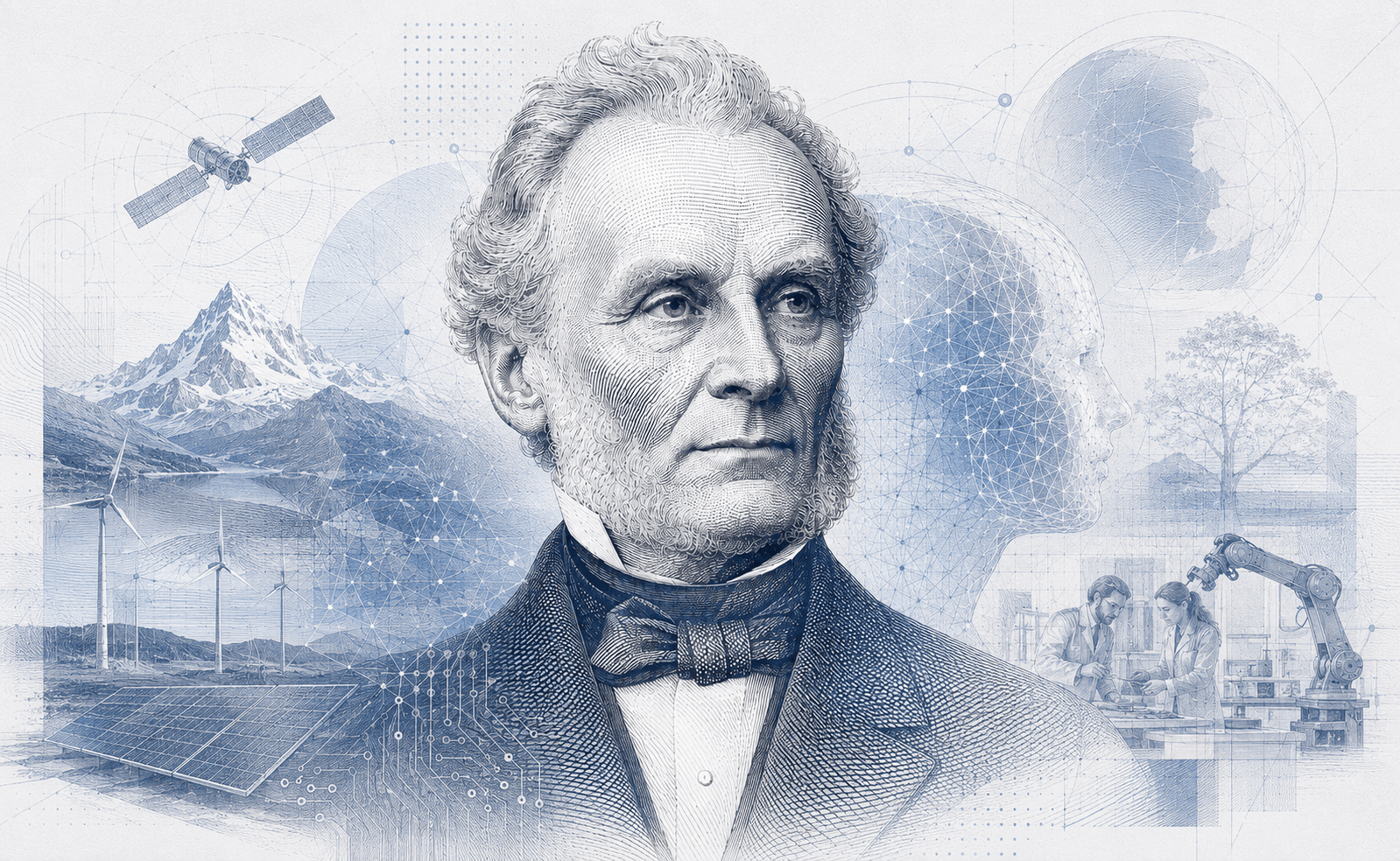 Historische Gravur-Illustration im ClausiusAI-Stil: mittig Rudolf Clausius im Porträt, umgeben von einer Berglandschaft mit Windkraft- und Solaranlagen, einem Satelliten sowie einer Werkstatt mit Robotik — Symbolbild für die Verbindung von Wissenschaft, Pioniergeist und industrieller Anwendung.